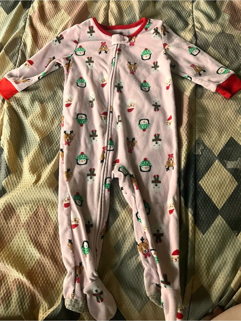 Carter's Pink Holiday Footed One-Piece Sleeper with Red Trim